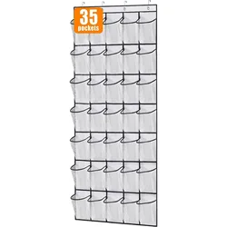 Over-the-Door Shoe Organizer with Large Mesh Pockets and 4 Hooks - Transparent Fabric Storage Solution (White 35pockets)