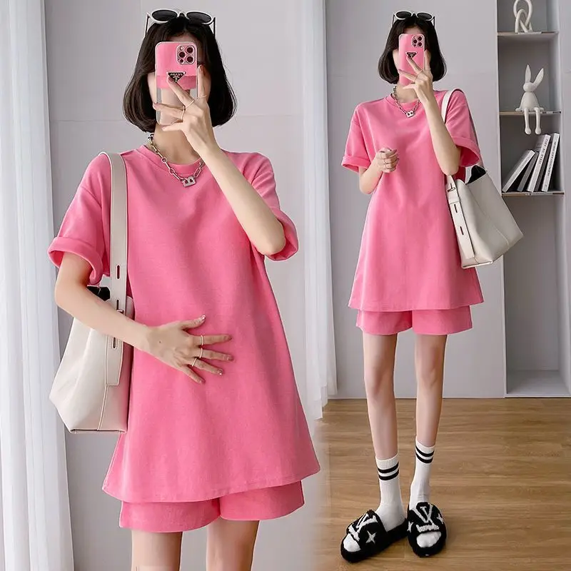 임산부 정장 캐주얼 반팔 + 반바지, 임산부 의류 정장, 솔리드 루즈 임산부 의류, 겉옷, 여름 패션