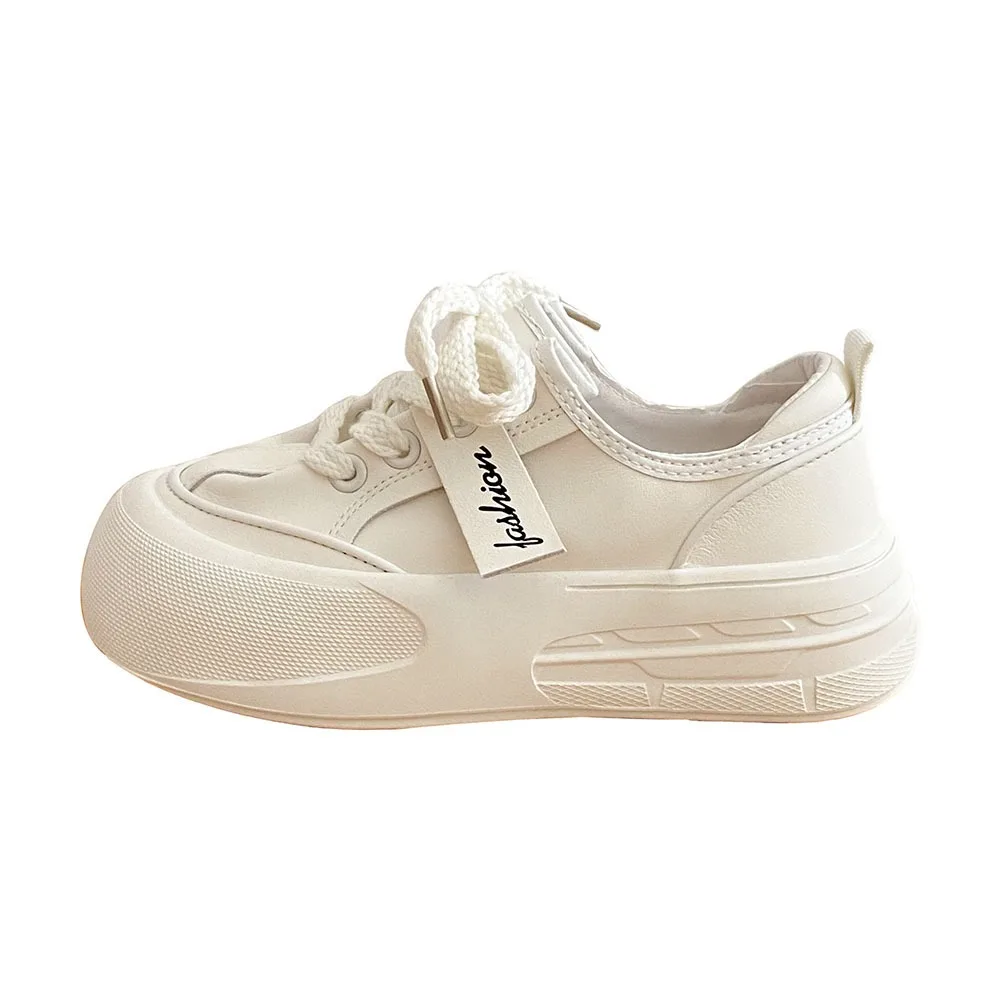

Round Toe Fashion Women Casual Shoes for Spring 2024 Thick Soled Height Women Shoes Leather Pleated Lace-up Board Shoes 24-205