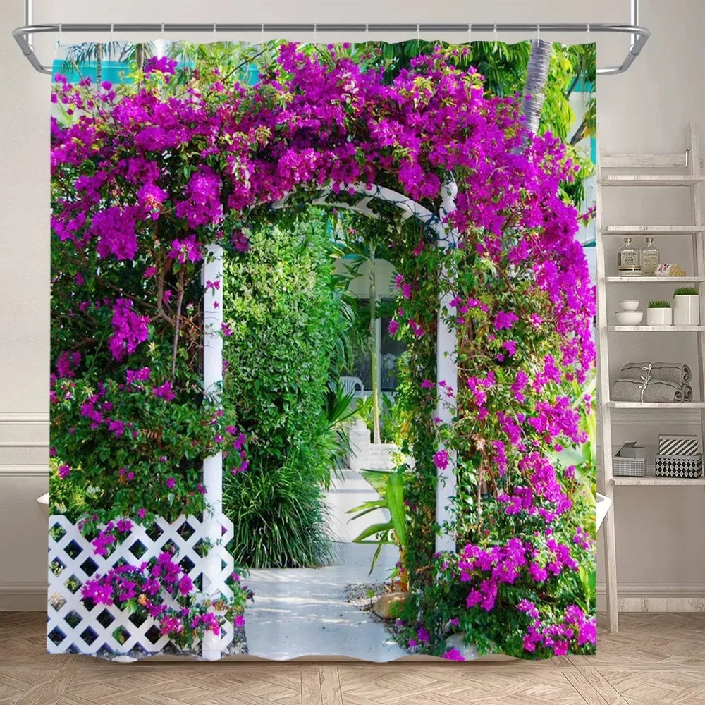Fence Flowers Shower Curtains Blue Window Nature Floral Plants Scenery Modern Garden Wall Hanging Home Bathroom Decor with Hooks 3