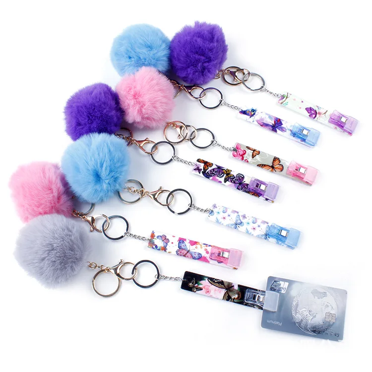 5pcs/lot Wholesale Bling Cigarette Blunt with Pom Pom keychain Gift Holder Atm Credit Card Clip Puller Grabber for Long Nails