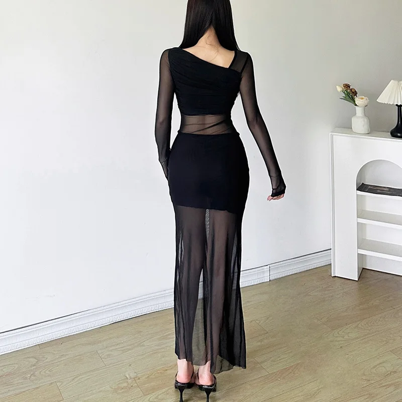 Black Dresses Women Elegant Solid Color See Through Round Neck Long Sleeve Split Party Dress Club Dresses Streetwear