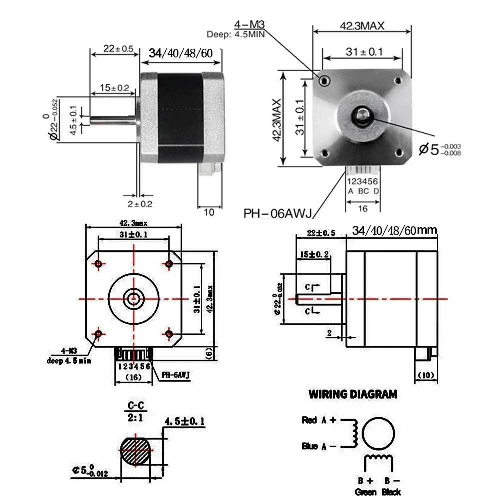Nema17 42mm Open-loop Stepping Motor 2PH 34/40/48/60mm Length 4-Lead 0.28/0.42/0.56/7Nm 1/3/5PCS for DIY 3D Printer stepper motor