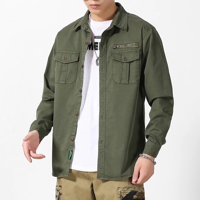 

Pure Cotton Button Up Shirt Men Autumn Spring Male Korean Casual Long Sleeve High Collared Streetwear For Man Clothing Z492