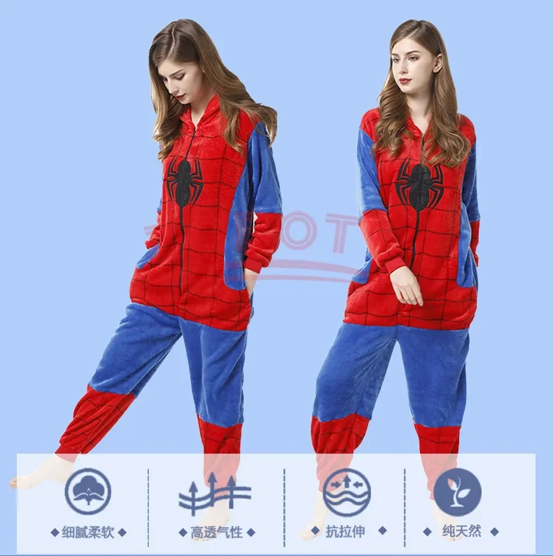 Flannel Spiderman Pajamas Adult Children Spider Man Costume Clothes One-piece Nightgown Home Hooded Sleepwear Jumpsuit Pijama