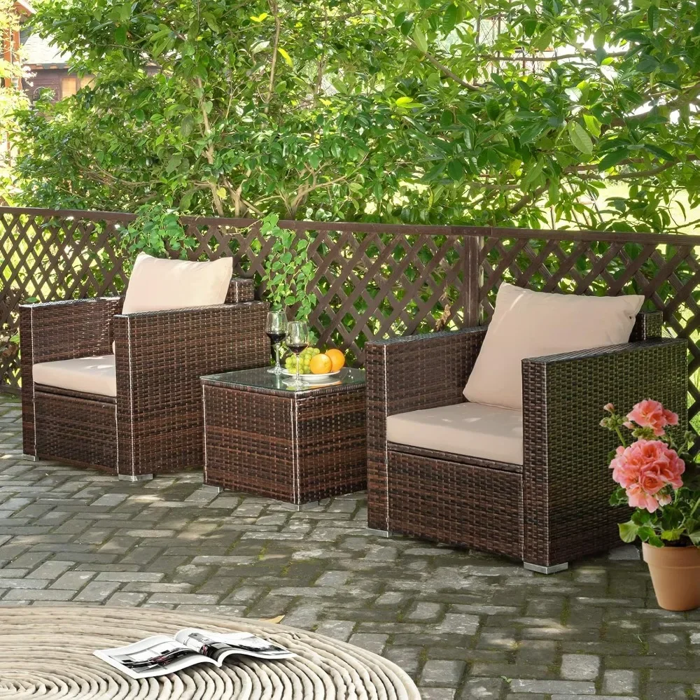 3-Piece Patio Furniture Set w/Rattan Chairs & Glass Table, Outdoor Conversation Set with Washable Cushions, All-Weather 2