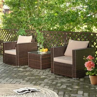 3-Piece Patio Furniture Set w/Rattan Chairs & Glass Table, Outdoor Conversation Set with Washable Cushions, All-Weather 2