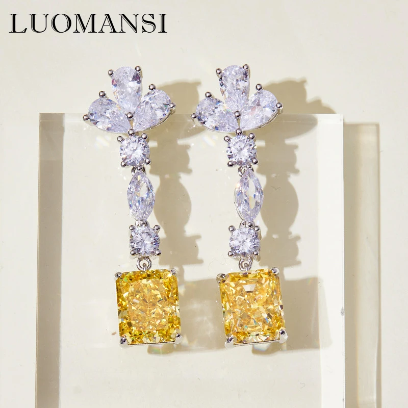 

Luomansi S925 Silver Shining 7*9MM Yellow High Carbon Diamond Earrings Women's Jewelry Wedding Party Commemorative Gift