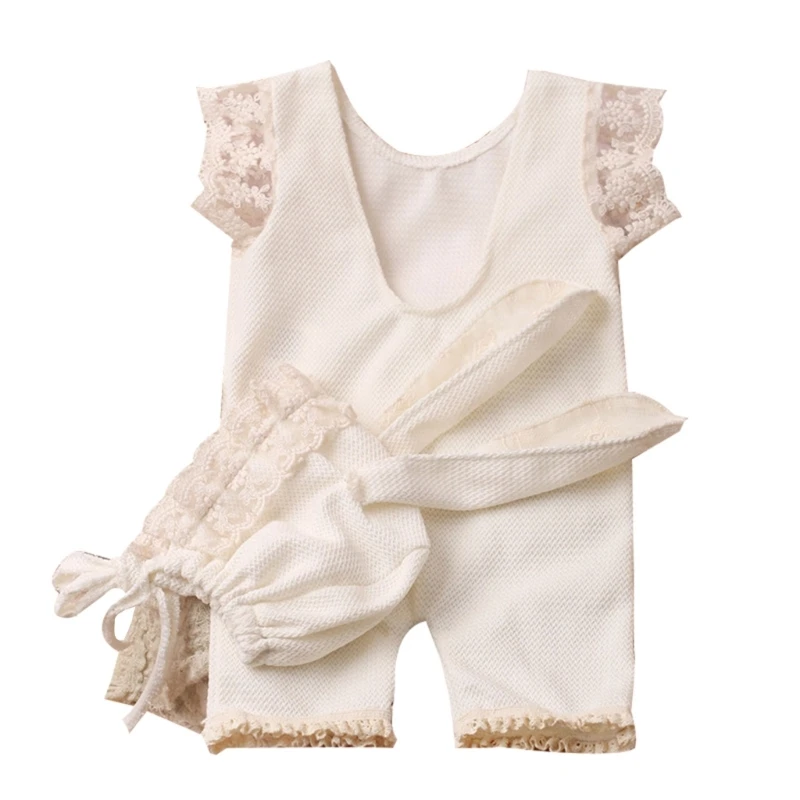 

Baby Princess Lace Romper Beanie Hat Photo Costume 0-1M Infant Girl Photo Suit