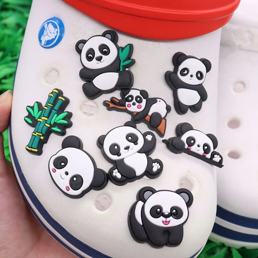 

1-8PCS Cute Animals Bamboo Panda Shoes Charms Accessories Buckle Clog Sandals Decorations DIY Wristbands Croc Jibz Kids Gift