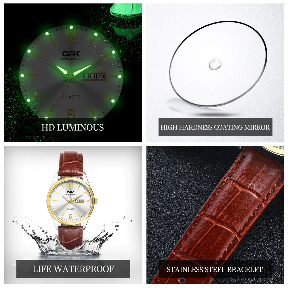 OPK brand luminous waterproof double calendar belt ladies quartz watch 8138 6