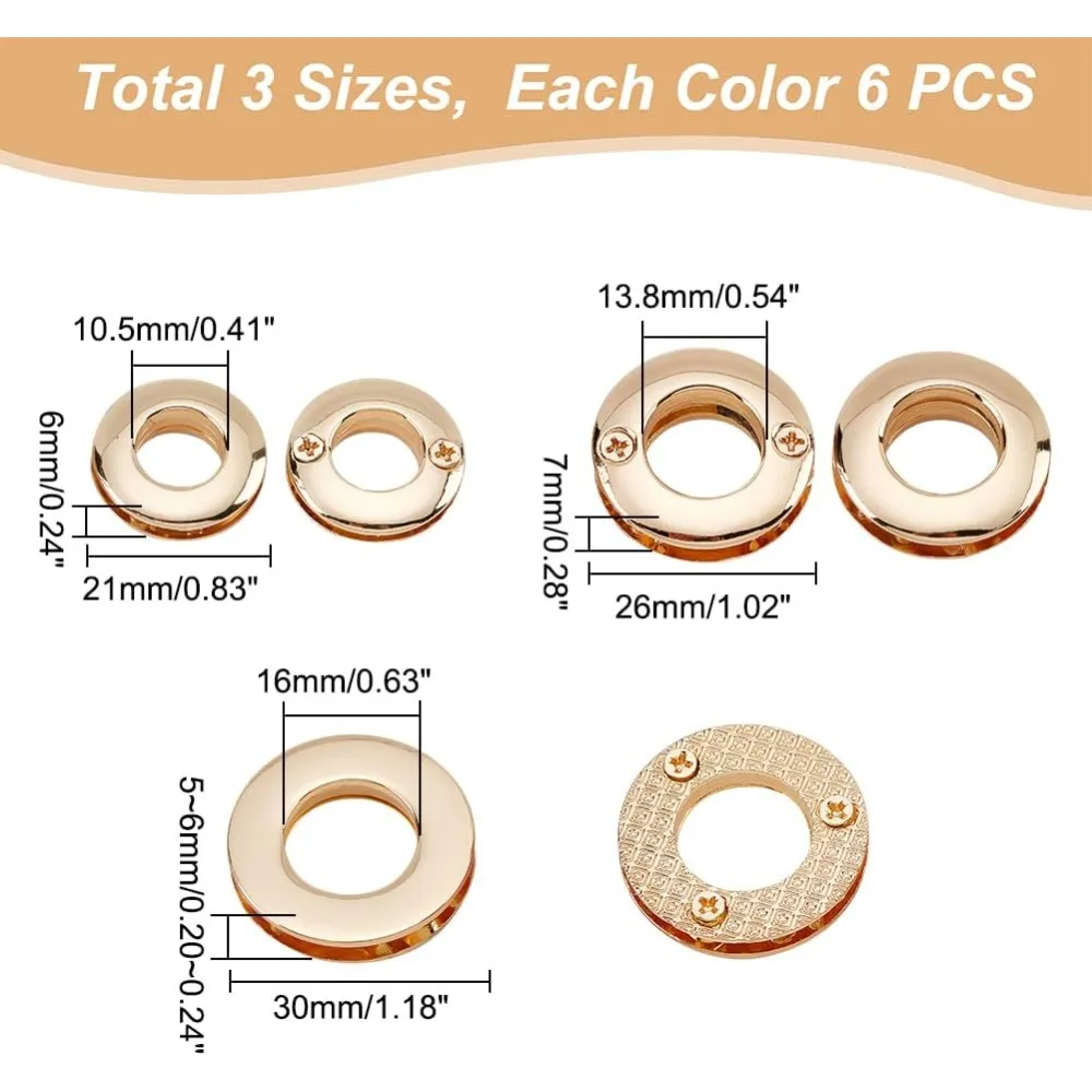 Alloy Eyelets Grommets 18pcs 10.5/13.8/16mm Round Grommet Snap Hole O-Ring Bag Loop Connector