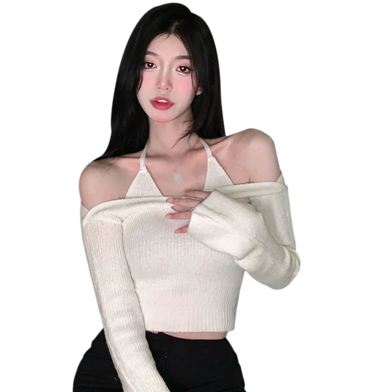 여성용 단색 오프 숄더 홀터넥 캐미솔, 짧은 가디건 뜨게 셔츠, 풀오버 크롭탑, 2 개 세트