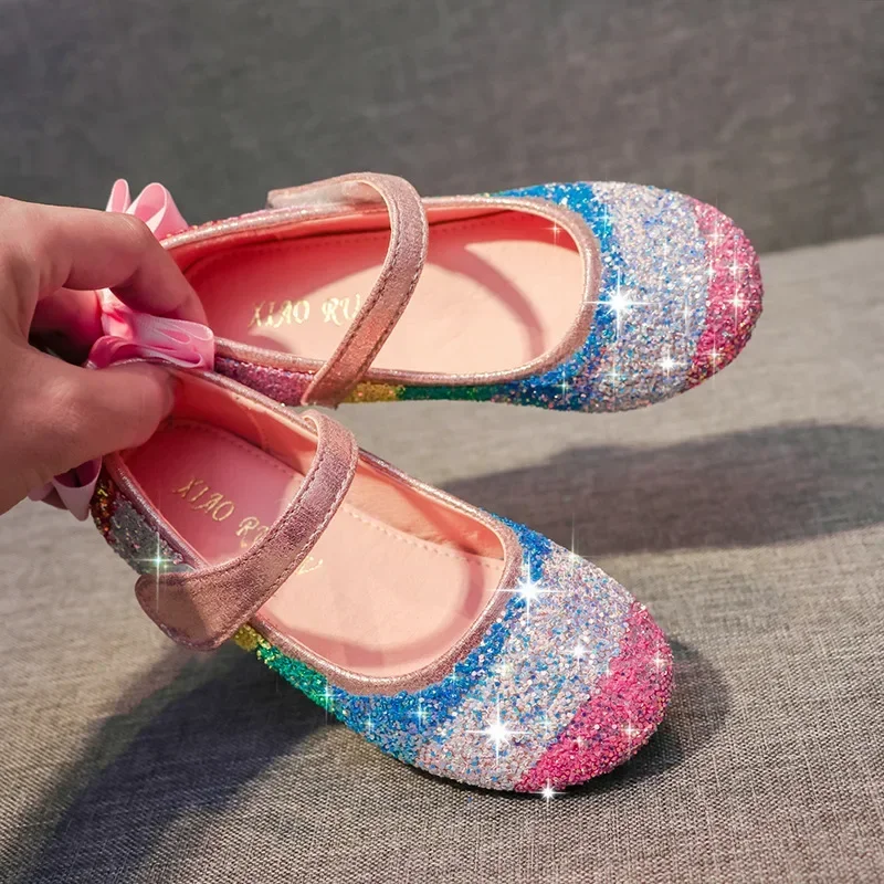 Girls leather shoes mary jane shoes spring soft sole rainbow sequins dress princess kids shoes