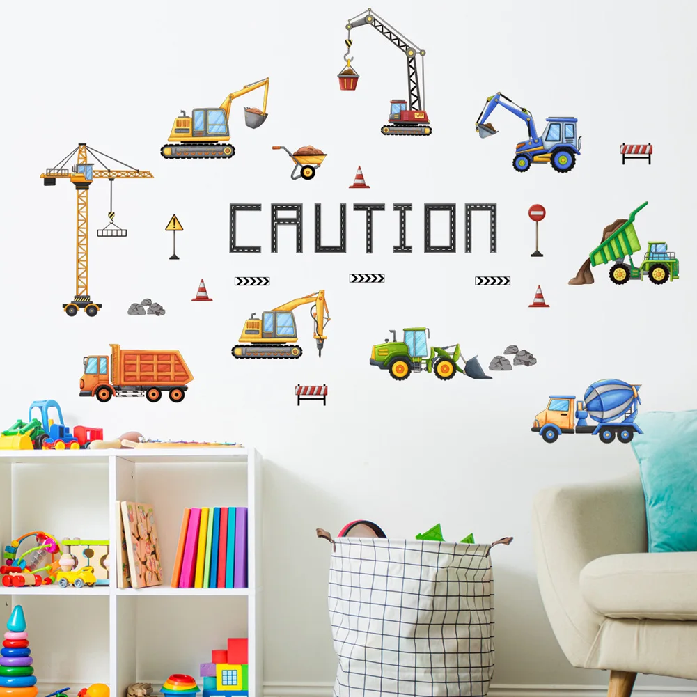 Cartoon Engineering Vehicle Wall Stickers Kids Room Home Decoration Mural Boys Bedroom Nursery Decor Self-adhesive Decals Poster