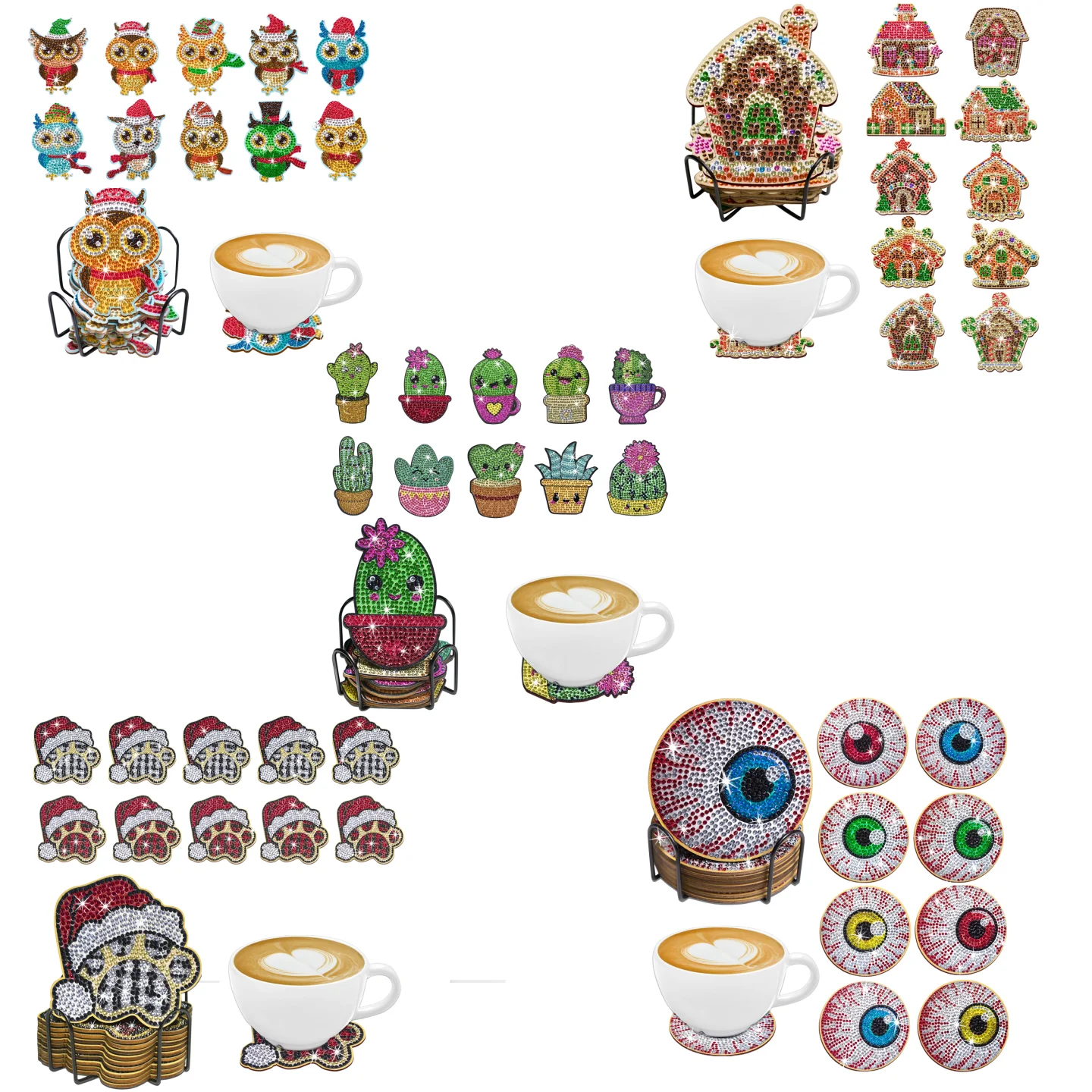 DIY diamond Handmade artwork cactus House eyeball Owl dog paw pattern Diamond painted coaster kit, holiday gift home kitchen dec