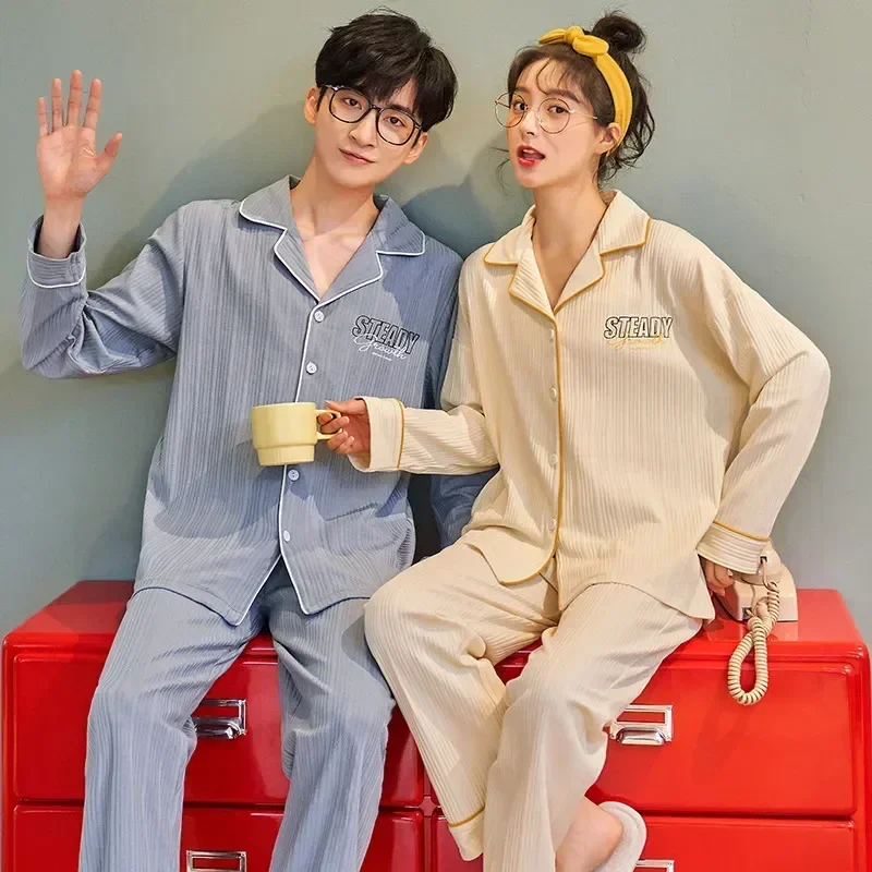 

Sleepwear Couple for New Leisure Ins Pyjama Women Pajamas Fashion Set Pijamas Men Pjs Cotton Autumn Kinitted Spring Sets