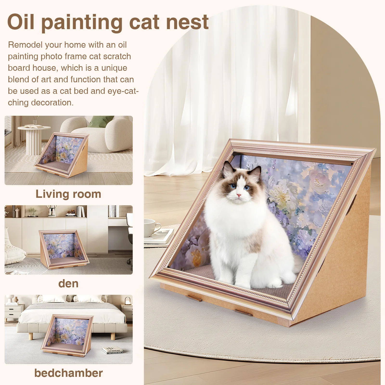 3D Oil Painting Cat Claw Board Wear Resist Triangular Cat Bed Breathable Cat Scratcher Board for Living Room Bedroom Decor