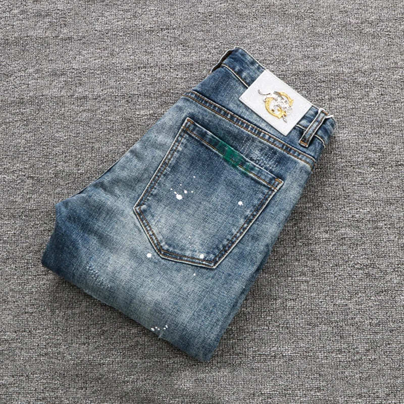 Street Fashion Men Jeans Retro Blue Elastic Slim Ripped Jeans Men Stretch Trousers Painted Designer Hip Hop Denim Pants Hombre