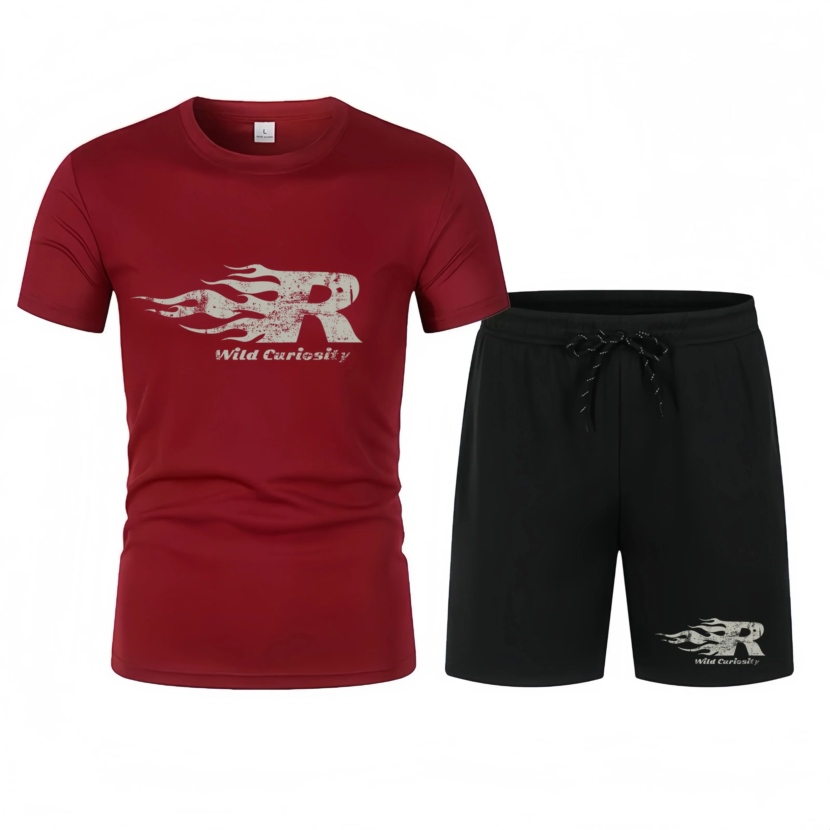 Burgundy t-shirt and black shorts set with red logo and text on a white background