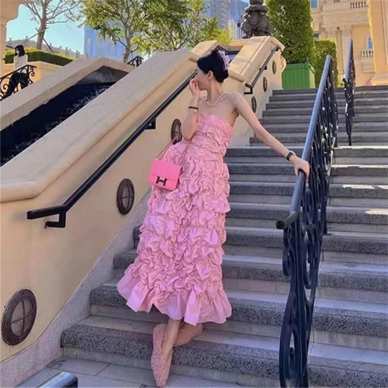 

Pink Texture Pleated Dress Women's Tube Top Evening Dress Princess Bubble Dress