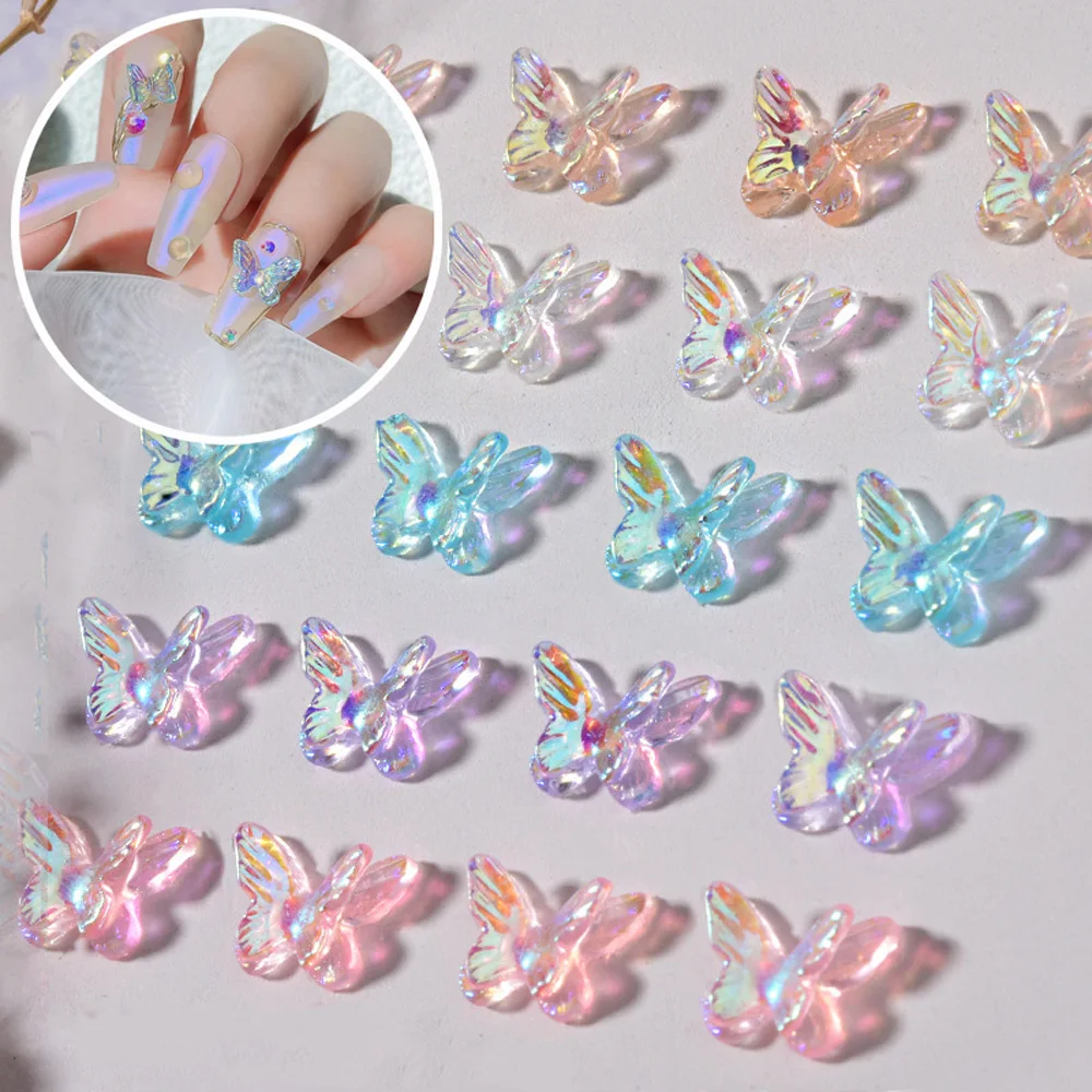 

20/50pcs Aurora Butterfly Nail Art Charms 11*8mm AB/Pink/Blue Resin Butterfly Nail Rhinestones 3D Crystal Manicure Jewelry Parts