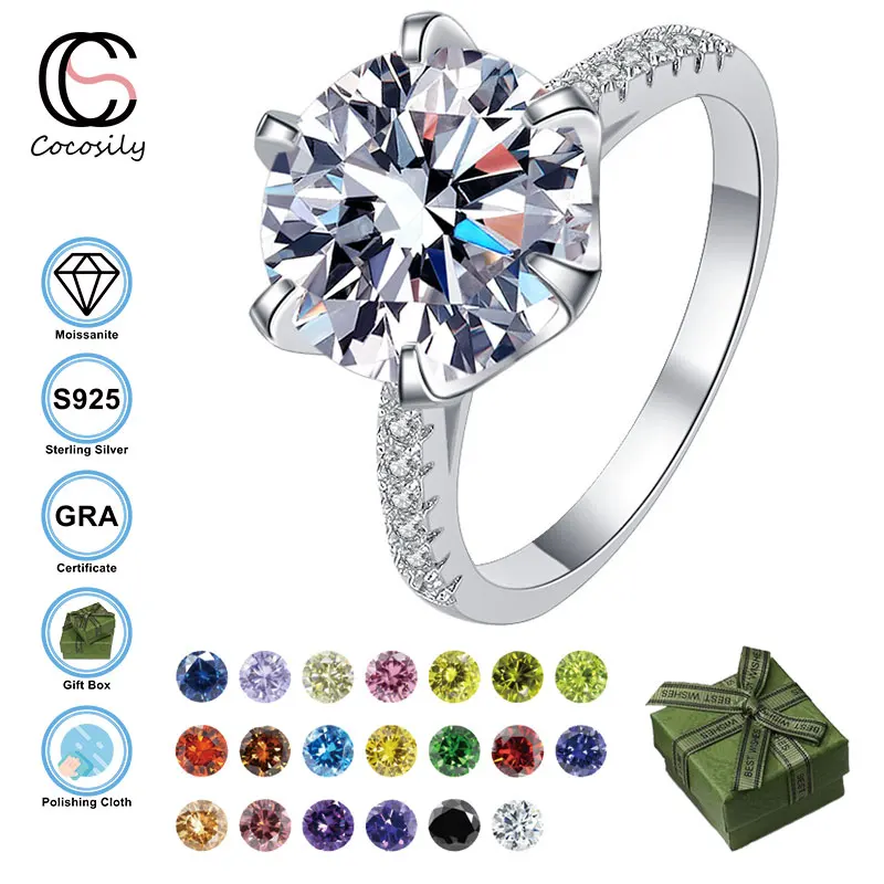 

Cocosily 5CT D Color Moissanite S925 Sterling Silver Crown Six Claw Diamond Women's Ring Classic Luxury Anniversary Jewelry Gift