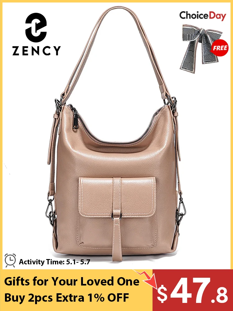 Zency Stylish Women Shoulder Bag 100% Genuine Leather Large Capacity Handbag Multifunction Satchel Messenger Bag Backpack Brown