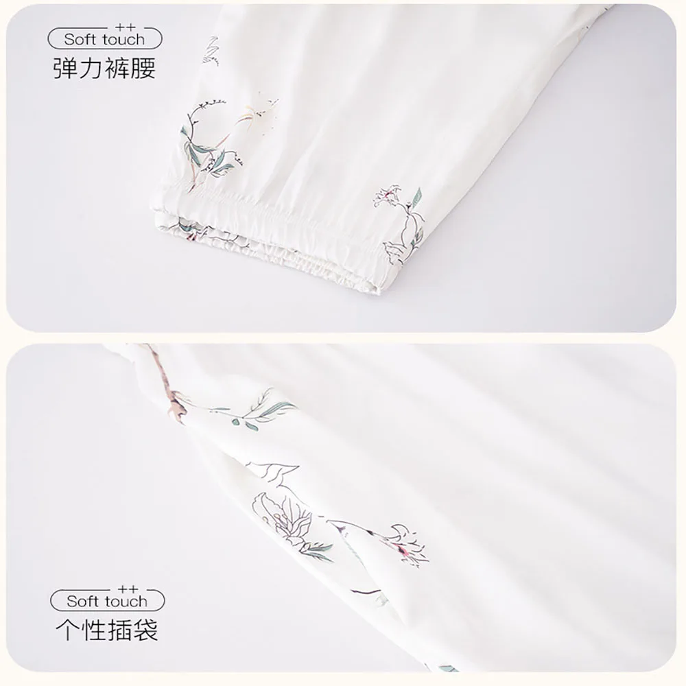 M-3XL High-quality Silk-like Women's Pajamas Sets Japanese Style Print Sleepwear Spring Autumn Cool Thin Smooth Pyjama Femme