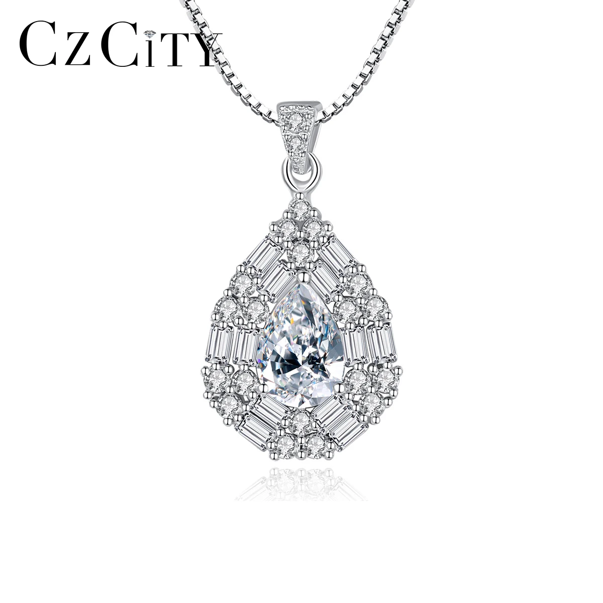 

CZCITY Gorgeous 925 Sterling Silver Water Drop Pendant Necklace for Women Clear CZ Luxury Big Gemstone Wedding Necklace Jewelry