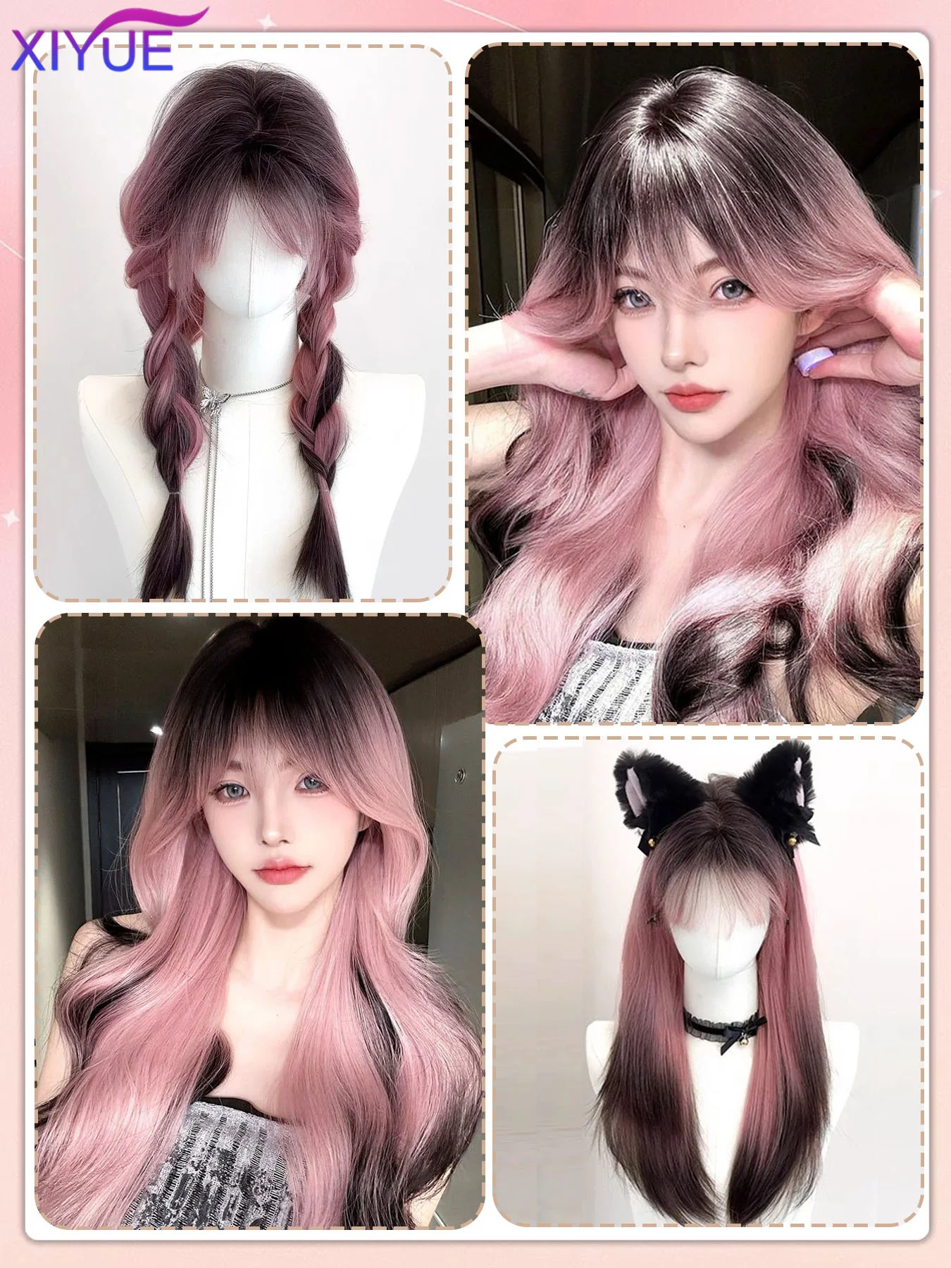 XIYUE Black Pink Ombre Synthetic Wigs For Cosplay Long Straight Layered Wigs With Bangs For Women Heat Resistant Fake Hair