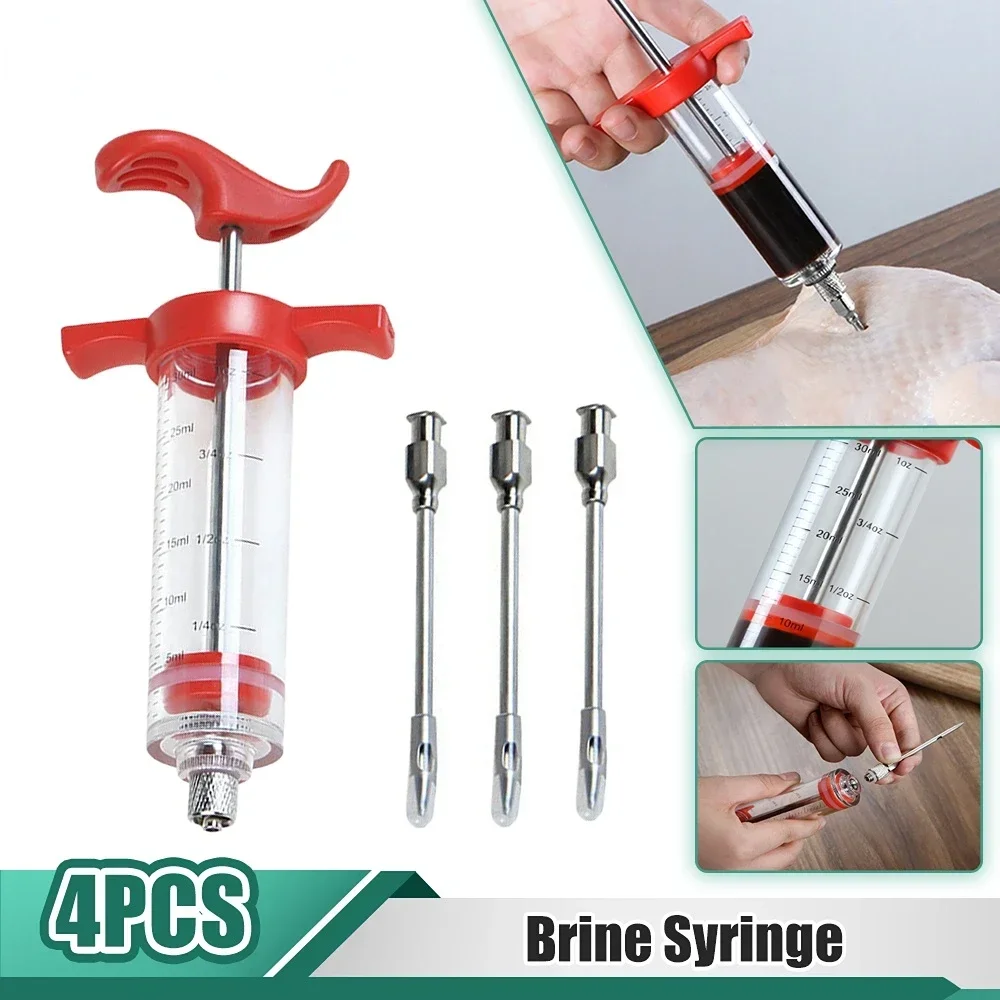 Meat Injector Syringe Flavor Needle BBQ Meat Syringe Marinade Injector Pork Steak Meat Sauces Syringes With 3 Stainless Steel Needles Kitchen Tools