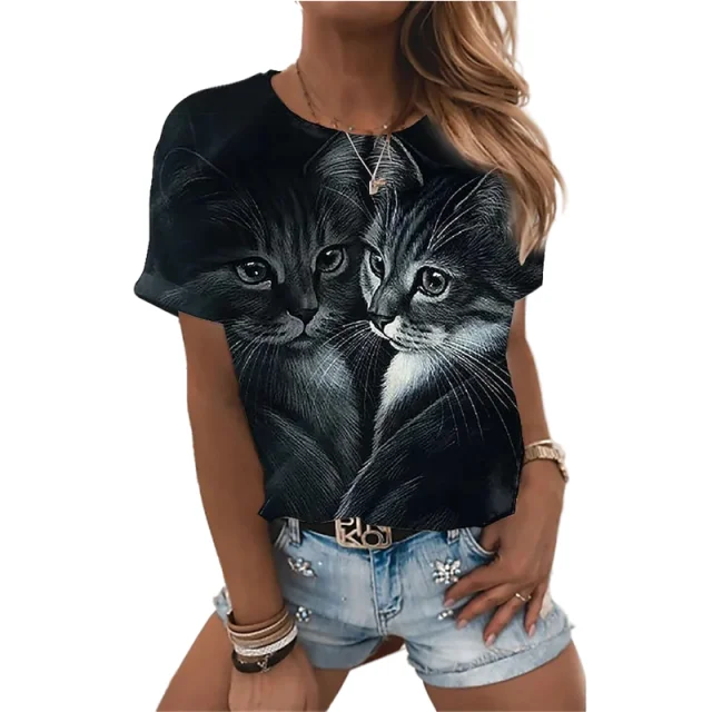 Camisetas femininas 3D da Kawaii Cat estampadas,