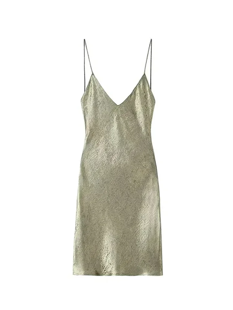 

New Women's Sexy Midi Skirt Metal Foil Short Dress Summer Korean Fashion Y2K Sweet Party Women Open Back Lace Up Mini Dress