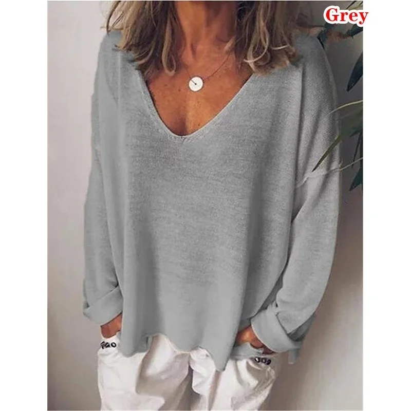 2023 Summer New Women T-Shirt Autumn Solid Color Casual Versatile  Loose Tops V-Neck Blouses Long Sleeve Shirt