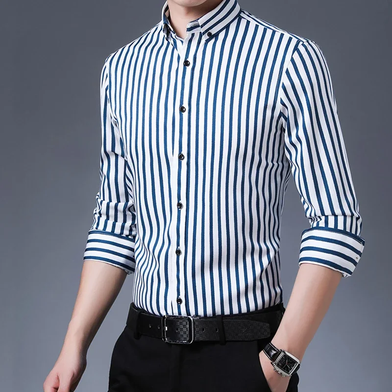 2023Men's Non-iron Stretch Long Sleeve Striped Dress Shirts Smart Casual Smooth Material Standard-fit Youthful Button-down Shirt