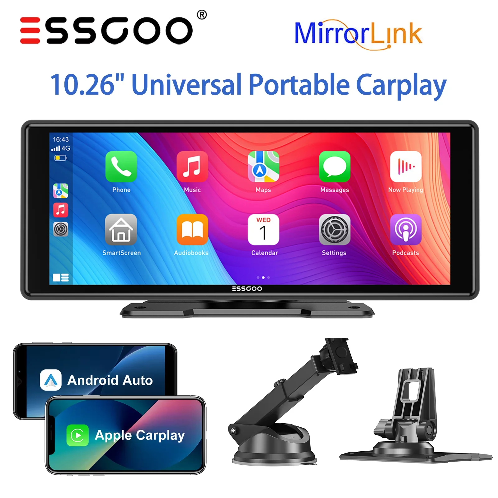 ESSGOO Caméra de tableau de bord portable universelle 10,26 pouces, CarPlay sans fil, Android Auto, écran HD 1600*600, GPS, Mirror Link, FM, USB, BT, AUX, TF 1