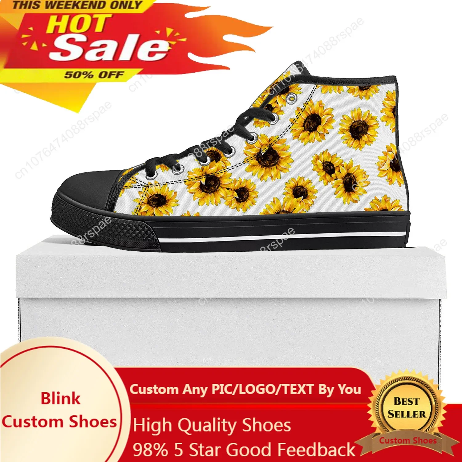 Sunflower Yellow Flower High Top High Quality Sneakers Mens Womens Teenager Canvas Sneaker Casual Couple Shoes Custom Shoe Black