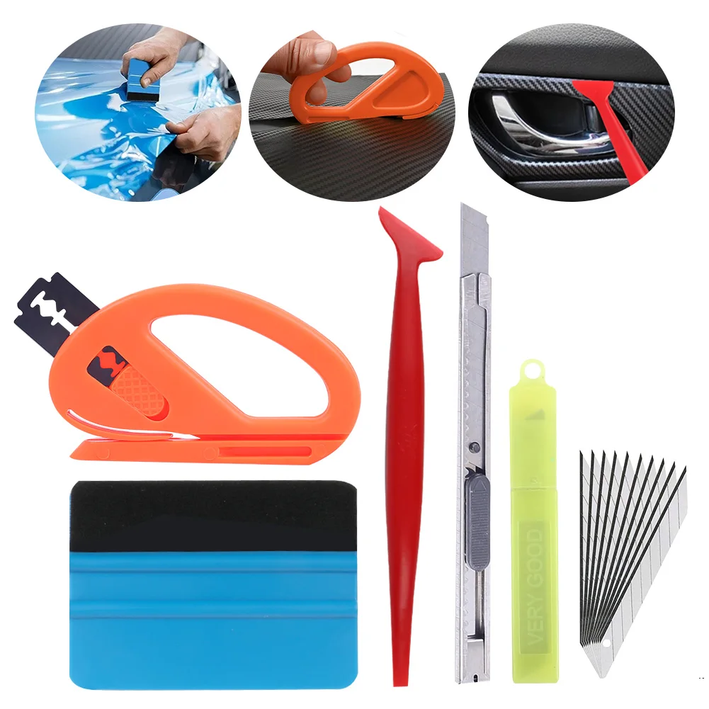 5Pcs Car Wrapping Tool Kit Vinyl Squeegee Felt Scraper Cutter Razor Window Tint Water Squeegee Rubber Blade Stainless Steel Blad