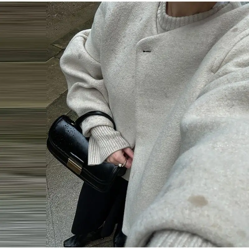 Elegant Solid Woolen Blend Jacket For Women Fashion Button O-neck Long Sleeve Coat New Autumn Winter Commute Warm Outwear