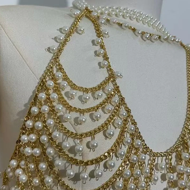 Mehrschichtige Perle Quaste Körperkette Tank Top Frau Kleidung Perlen Schmuck Festival Bohemian Y2K Layered Accessoires Crop Tops – Detail 8