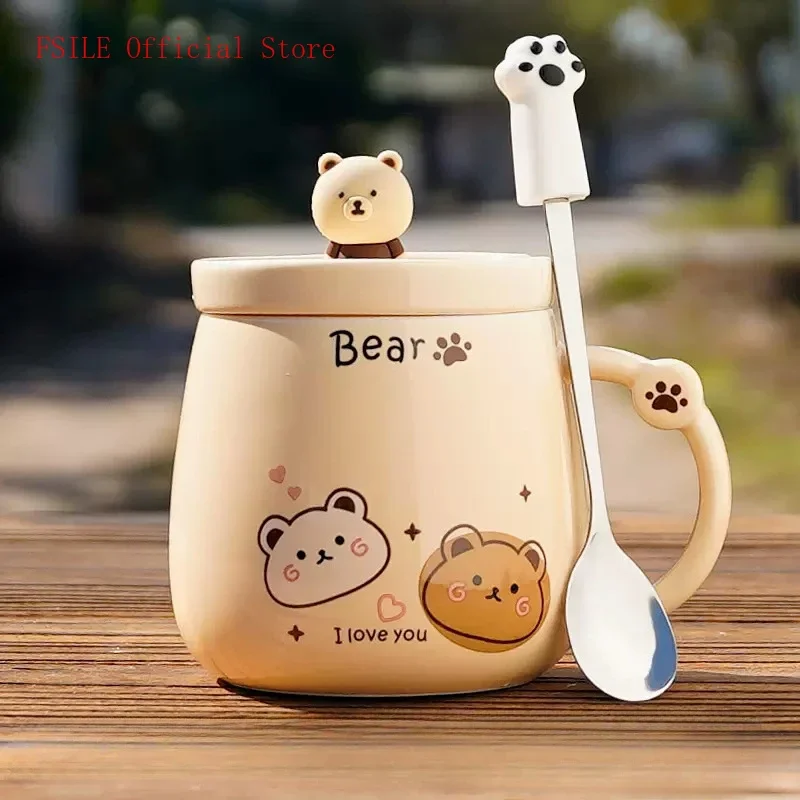 Cute Coffee Ceramic Cup With Handle With Lid Spoon Cartoon Couple High  Value Mug Home Drinking Cup Girls Office Coffee Milk Cup - AliExpress