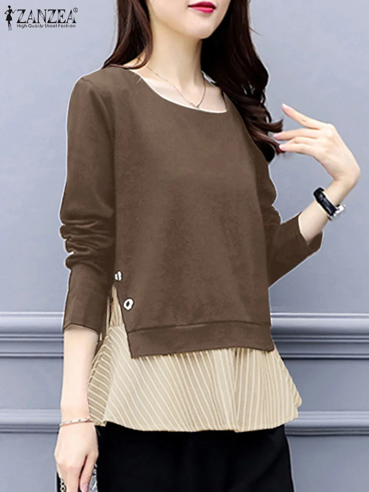 

ZANZEA Women Patchwork Sweatshirts Pullovers Spring Long Sleeve Hoodies Casual O-Neck Blusas Elegant OL Work Tops Mujer Femme