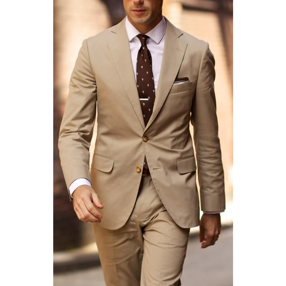 

2 Pieces Custom Beige Suit Two Button Notch Lapel Groom Tuxedo Homme Slim Fit Latest Design Wedding Outfits (Jacket+Pants+Tie)