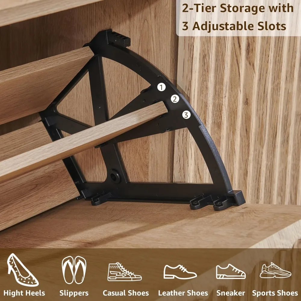 48" Tall Narrow Shoe Cabinet with Flip Drawers, Curved Fluted Design, Wooden Shoe Organizer for Entryway - Natural Oak