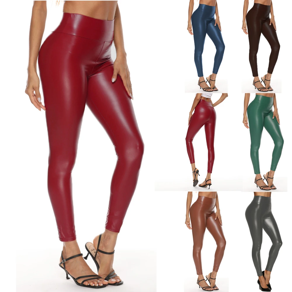 Színes faux bőrből nadrágot Nők Magas légnyomású levegő derékon Sovány Menő Emelés legging Irón jeggings stretchable Utánzat bőrből Nadrág