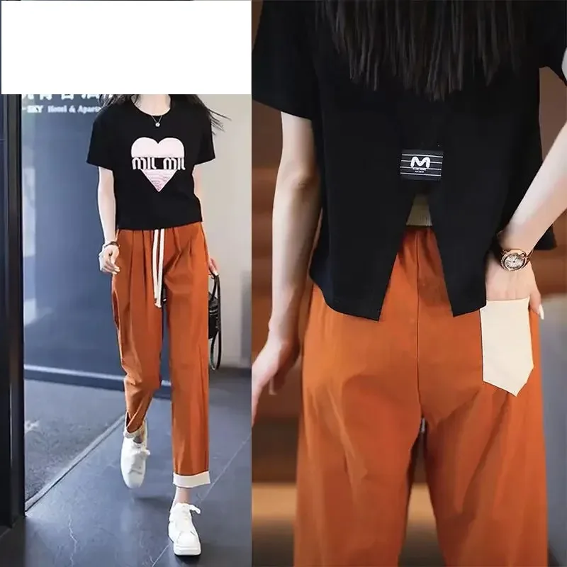 Summer 2023 New Ice Silk Trousers Casual Loose Drawstring Smoke Pipe Straight Tube Elasticity Waist Fashion Womens Pants