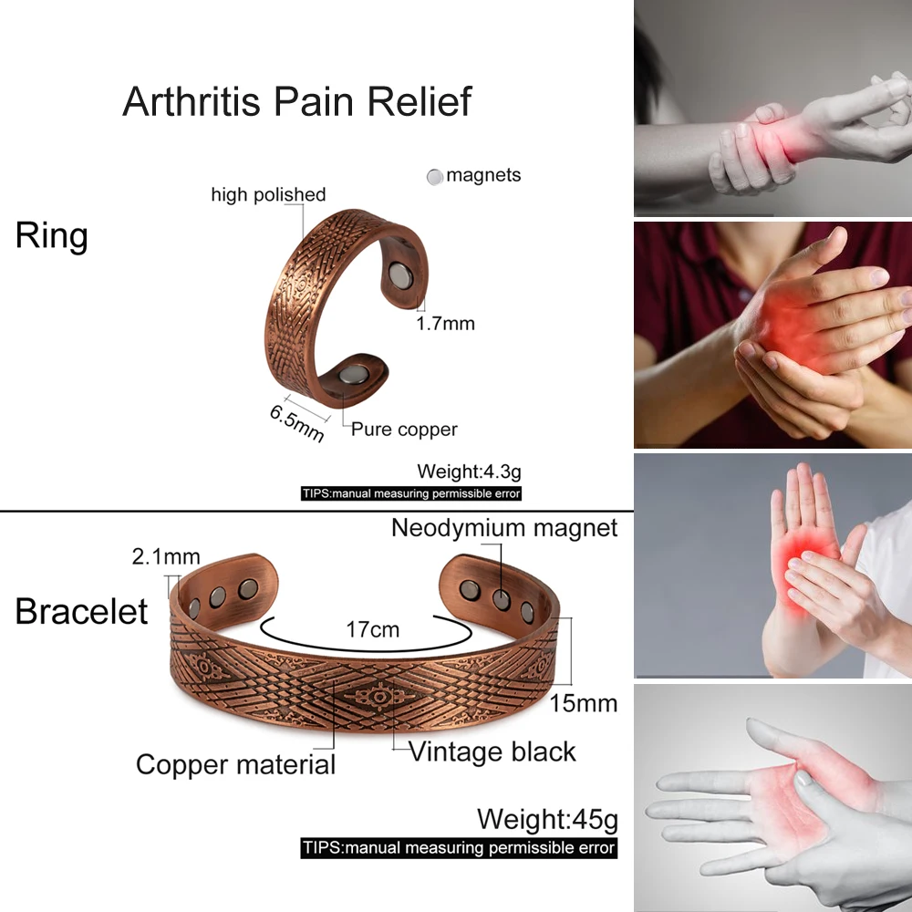 Meathly Magnetisches Schmuckset aus reinem Kupfer, Vintage, verstellbarer Armbandring für Männer, größenverstellbar, Gesundheits- und Arthritis-Schmuckset für Frauen und Männer_voghion.com
