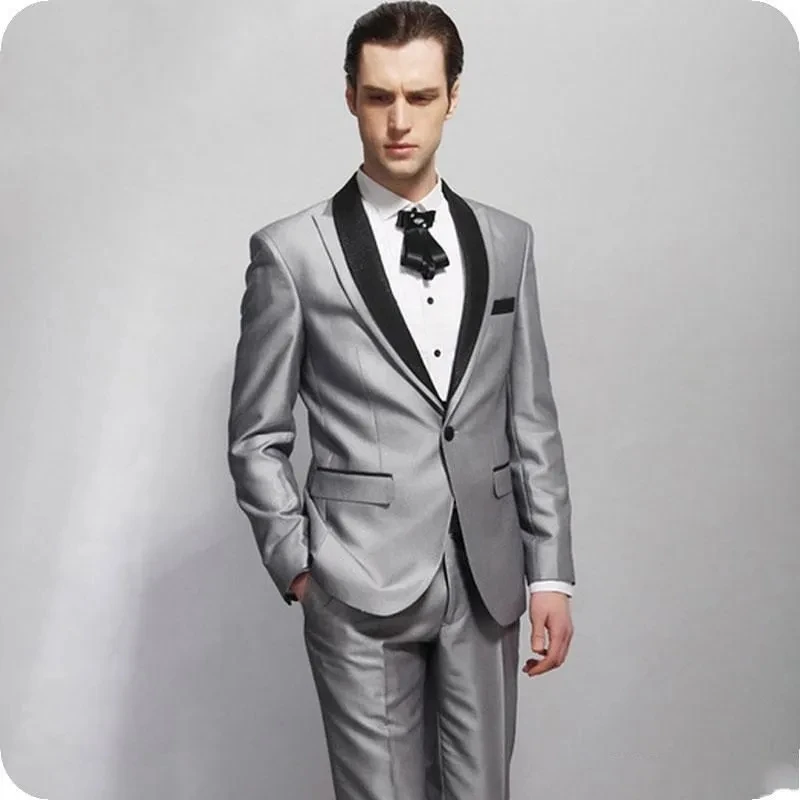 

Silvery Men's Suits Formal Blazer Single Breated Peak Lapel Flat Regular Length Slim Fit Luxury 2 Piece Jacket Pants Costume