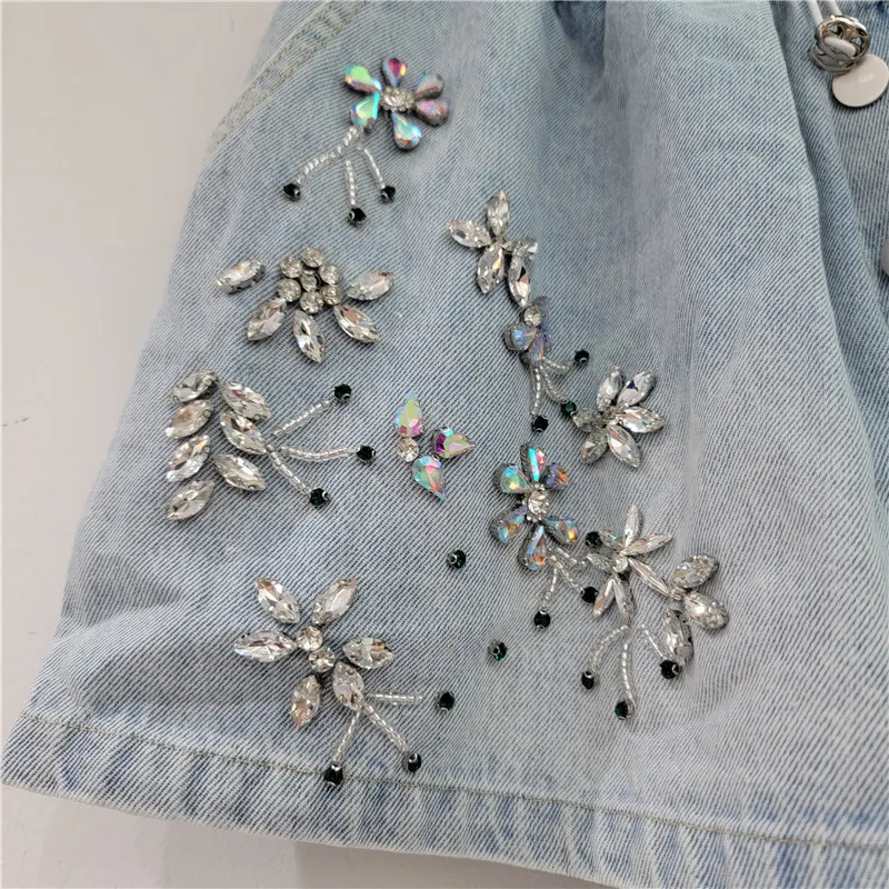 2023 Summer New Wide-Leg Denim Shorts for Women Heavy Industry Multicolored Beads Flower Diamond High Waist Shorts Female